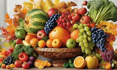 Naklejka na ściany i meble autumn still life with fruits and vegetables on table autumn still life with fruits and vegetables on table fresh fruit and vegetables for thanksgiving day