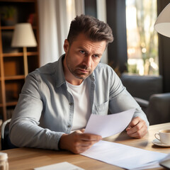 Fototapeta premium WORKING WITH PAPER DOCUMENTS. CONCENTRATED BUSINESSMAN LOOKING THROUGH IMPORTANT DOCUMENTS AND THINKING ABOUT FUTURE WORK PLAN. image created by legal AI