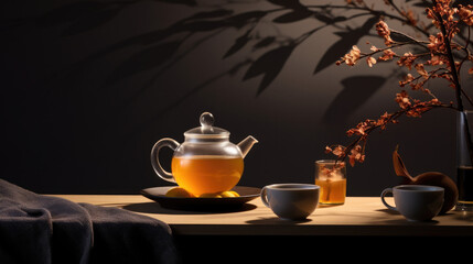 Minimalist Zen: Relaxing Studio-Lit Tea Time in High Quality Dark Background