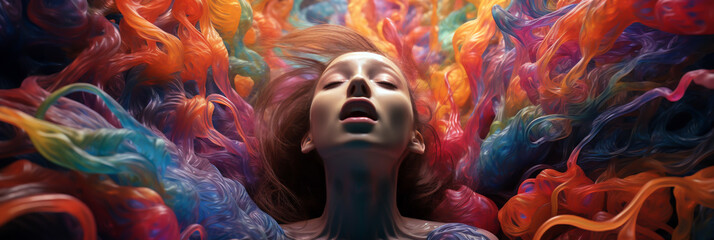 Fototapeta premium FEMALE SUBMERGED IN A CRAZY HALLUCINATION, PSYCHEDELIC HORIZONTAL IMAGE. image created by legal AI