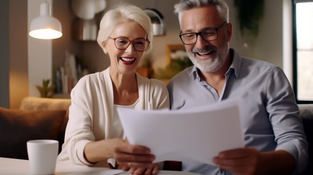 HAPPY RETIRED SENIOR FAMILY COUPLE READS AND CHECKS FINANCIAL DOCUMENT. image created by legal AI