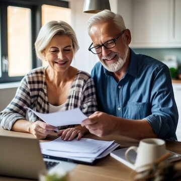 HAPPY RETIRED SENIOR FAMILY COUPLE READS AND CHECKS FINANCIAL DOCUMENT. image created by legal AI