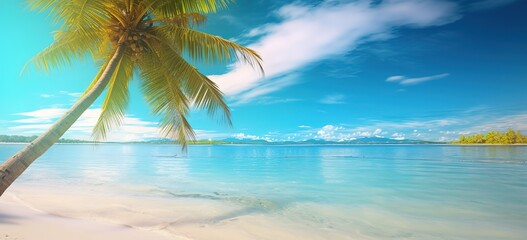 Fototapeta na wymiar photo of a wide expanse of beach with palm trees decorated with bright blue skies. generative AI