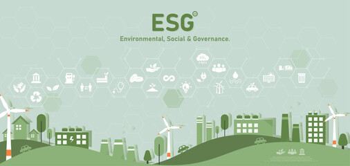 ESG concepts regarding environment, society and governance It is a concept for sustainable organizational development. Consider the environment, society and corporate governance. Vector illustration - obrazy, fototapety, plakaty