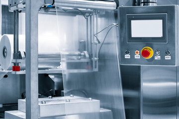 Automatic polyethylene plastic bag production machine with lighting effect. Close-up of the roller...