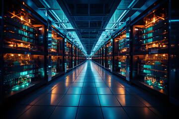 In data center racks, ultra-high-performance servers run at full capacity, guaranteeing stability and optimal processing power - obrazy, fototapety, plakaty