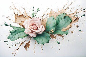 Ai green and golden rose in watercolor splash on Isolated White Background