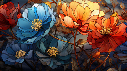 Illustration in stained glass style with a flowers of the sky on a dark background.