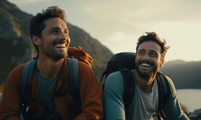 Two hikers trekking in the high mountains, inspiring travel, discovering the meaning of journey, and seeking self-discovery