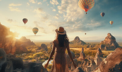 A young girl gazing at the distant valley and hot air balloons, igniting wanderlust , travel concept