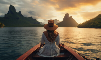 The back view of a young female traveler rowing in a lake, igniting wanderlust , travel concept