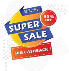 Super Sale modern Banner design template with yellow and blue color, cashback banner,  50% off, 