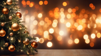 Fototapeta na wymiar Banner Christmas Tree With Baubles And Blurred Shiny Lights Copy Space