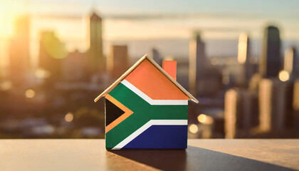 Obraz na płótnie Canvas Housing concept. Miniature house as a South African flag with a cityscape in the background. Generative AI