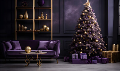 Modern, luxurious, minimalistic indoor Christmas decor with purple and gold tones