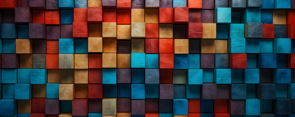 Colorful cubic wooden texture, wood cube background, checkered wooden texture, banner