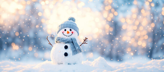 Closeup of cute funny laughing snowman, Generative AI.
