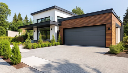 A Contemporary Residential Home Featuring a Sectional Garage Door in the Forefront, Set Within a Scenic Summer Landscape - obrazy, fototapety, plakaty