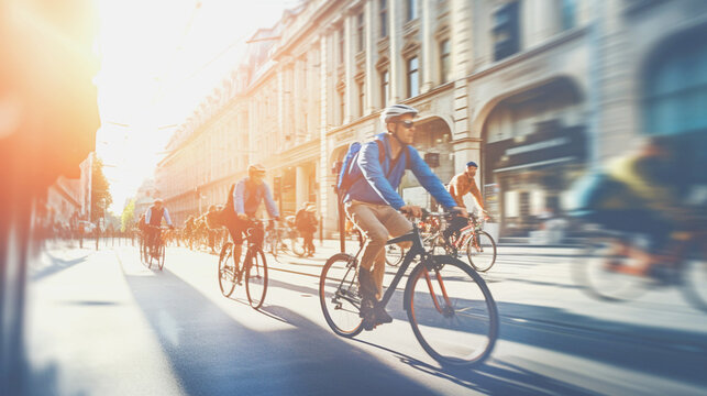 People cycling in City, Eco-friendly travel. Multiple exposure, motion blur image. Banner.