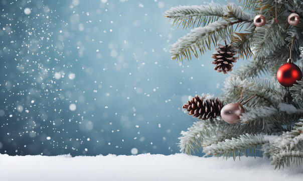A snowy Christmas background featuring a Christmas tree, banner