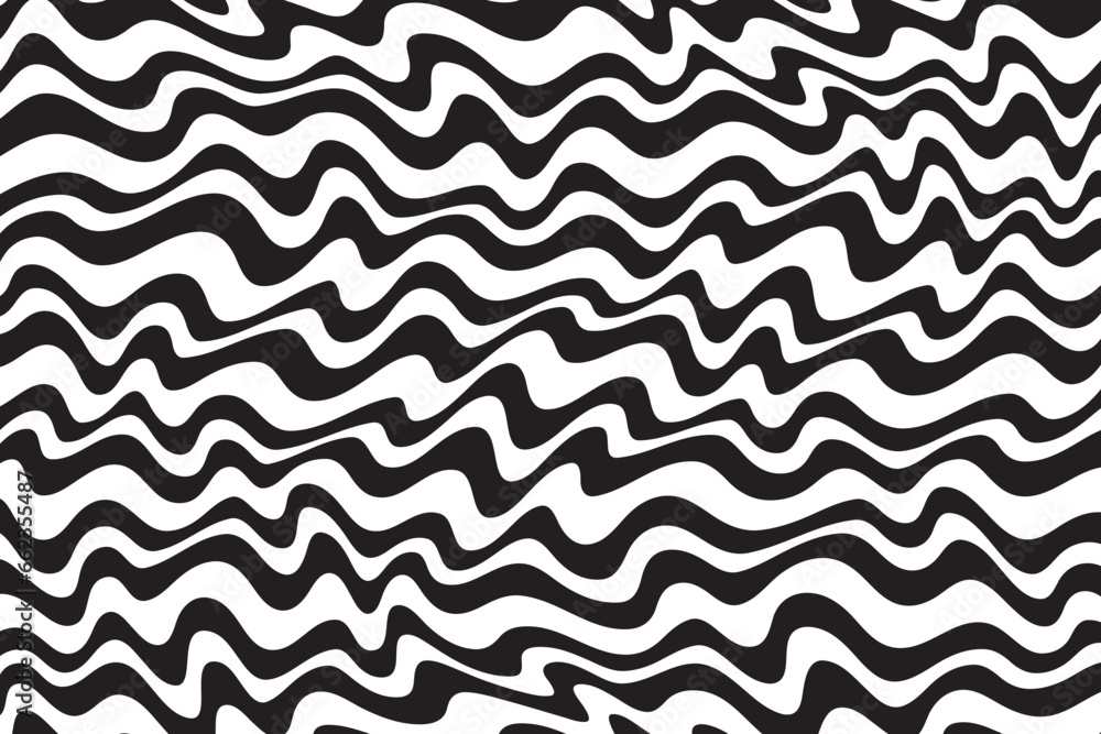 Poster Background with wavy lines. Twisted duo tone backgrounds. Abstract pattern from lines, halftone effect. Black and white texture. Minimalist design template for poster, banner, cover, postcard.