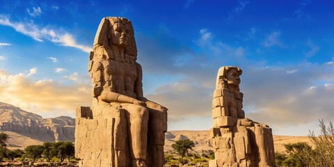 Famous colossi of Memnon, giant sitting statues, Luxor. generative ai.