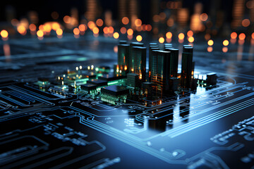 A circuit board illuminated by neon lights and powered with various accessories and electricity, generative AI