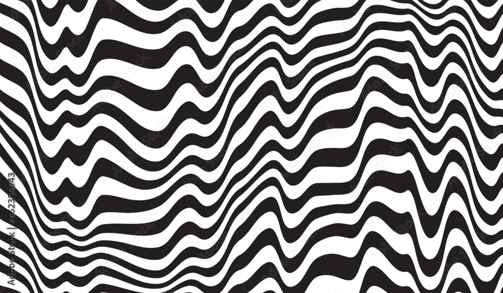 Poster Background with wavy lines. Twisted duo tone backgrounds. Abstract pattern from lines, halftone effect. Black and white texture. Minimalist design template for poster, banner, cover, postcard.	