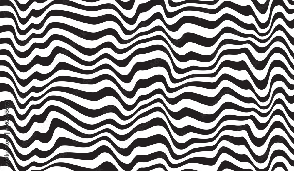 Poster Background with wavy lines. Twisted duo tone backgrounds. Abstract pattern from lines, halftone effect. Black and white texture. Minimalist design template for poster, banner, cover, postcard.	