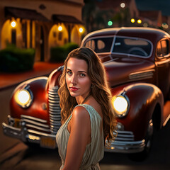 brightly colored painting of Classic car in driveway and beautiful woman