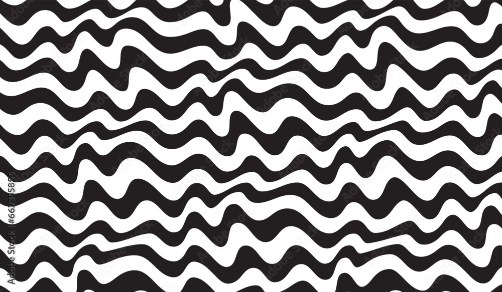 Poster Background with wavy lines. Twisted duo tone backgrounds. Abstract pattern from lines, halftone effect. Black and white texture. Minimalist design template for poster, banner, cover, postcard.	