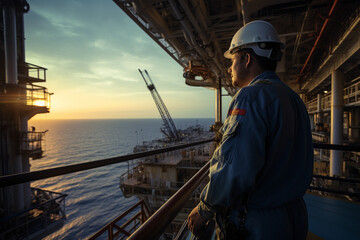 Fototapeta na wymiar With the ocean stretching to the horizon, a male engineer on the rig's observation deck oversees the safety protocols and operations on the offshore platform. 