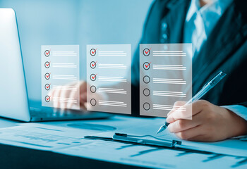 Business performance checklist Business woman using laptop surveys online checklist Complete the digital form checklist