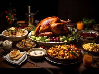 Thanksgiving dinner with turkey and an array of gourmet delights on the table