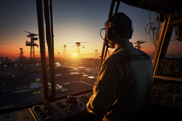 Against the backdrop of the setting sun, a male engineer on the rig's helipad communicates via radio as he coordinates the arrival and departure of helicopters. 