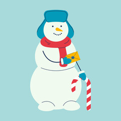 Snowman postman with letter in hand. Winter Character with lolipop cane. Snow man with earflap hat, scarf send writing Santa. Vector illsutration