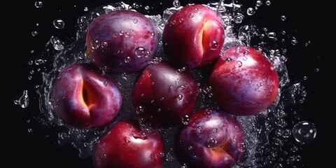 a collection of fresh plums with splashes of clear water. generative AI