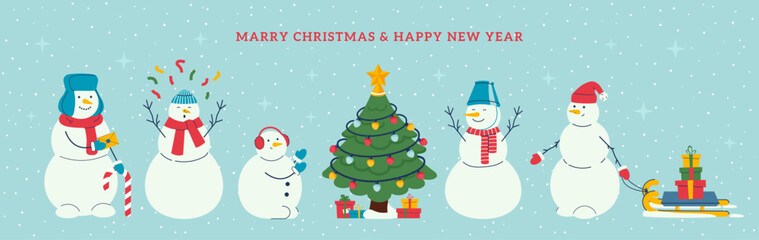 Merry Christmas banner with cute happy snowmen, fir tree, snow. Festive background with snow man characters in hats, gifts, confetti celebrate Xmas and New Year.