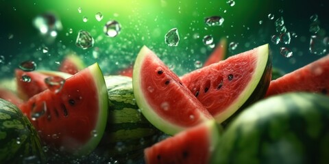 A fresh watermelon fell into the clear water against a black background. generative AI