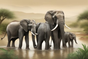 african elephants in the river. african elephants in the river. illustration of a herd of elephants