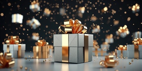 photo of an elegant gift decorated with gold confetti. generative AI