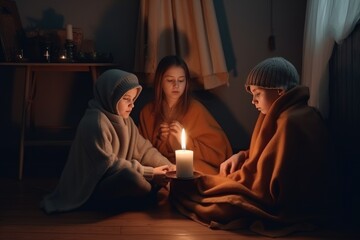 family sits wrapped in blanket with burning candles, cold home, shutdown of heating electricity, power outage, blackout, load shedding energy crisis