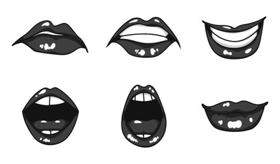 Woman girl lips mouth kiss smile lipstick black white isolated set. Vector flat graphic design illustration