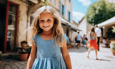 Photo of a young girl in a vibrant blue dress strolling along a charming city street