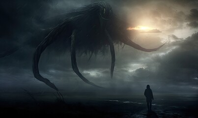 A man facing a colossal creature in an epic confrontation - obrazy, fototapety, plakaty