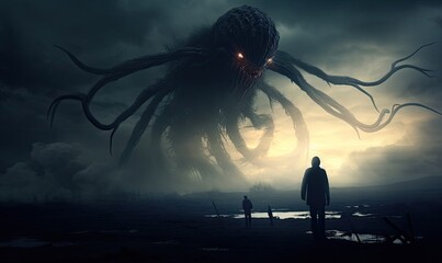 A man facing a colossal octopus in a thrilling encounter - obrazy, fototapety, plakaty