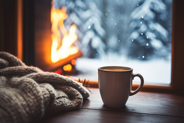 Winter day in cozy country house. Cup of tea, coffee, cocoa and warm knitted plaid on windowsill against snow landscape and outdoors fireplace outside the window