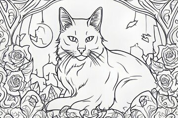 black and white cat with a branch of roses. hand - drawn illustration. black and white cat with a branch of roses. hand - drawn illustration. hand draw of white cat in the garden