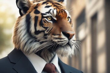 portrait of a tiger in a suit portrait of a tiger in a suit portrait of male head with big red tiger, closeup. 