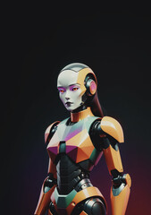 illustrazione di robot umanoide dalle sembianze femminili, in piedi, in attesa, arte contemporanea, sfondo astratto